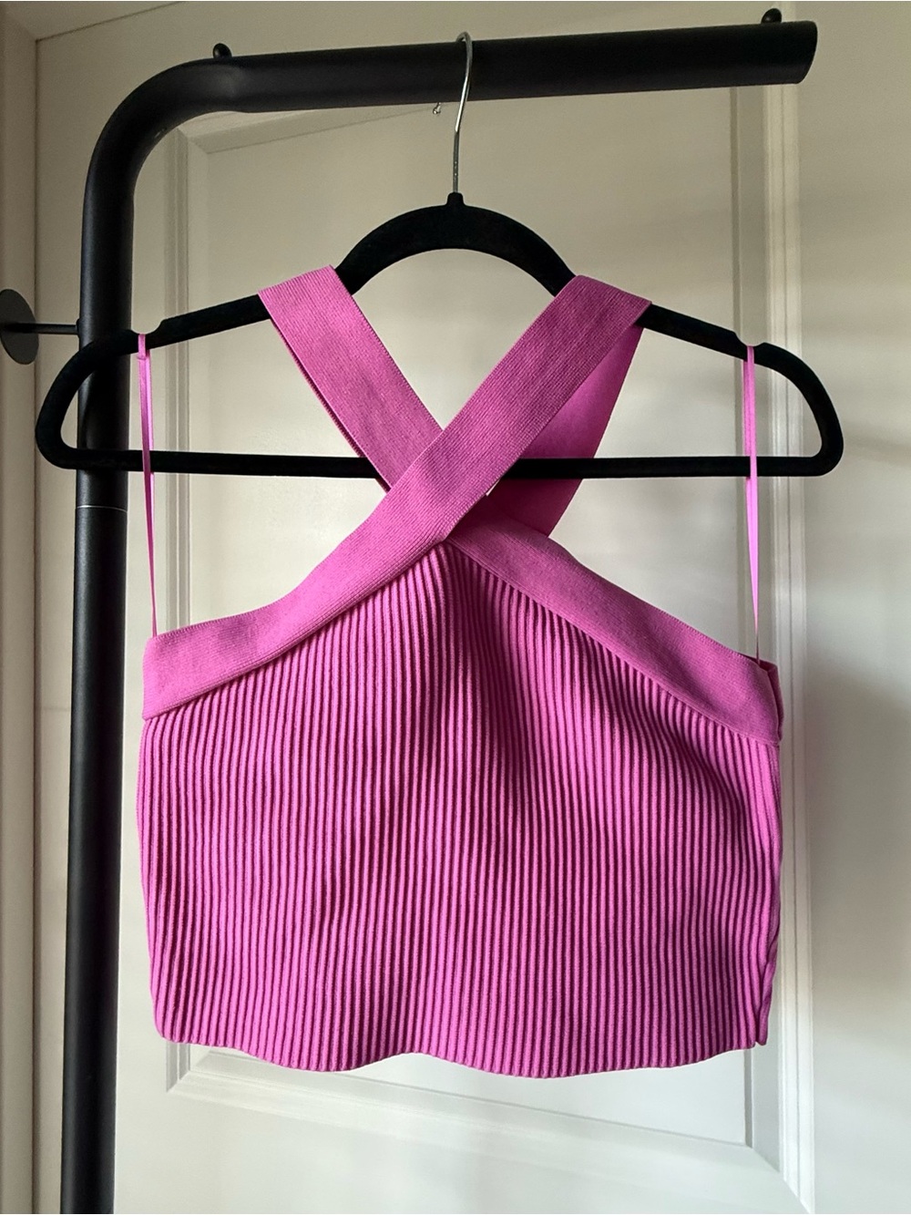Sincerely Jules Pink Ribbed Cropped Tank Top Criss Cross Halter Womens Large
